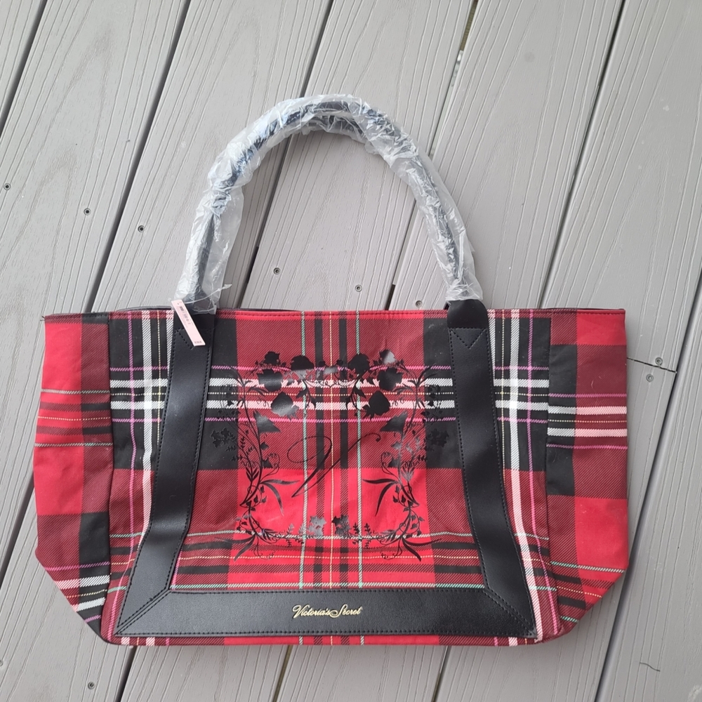 Vctoria's Secret Plaid Tote Bag with Floral Design